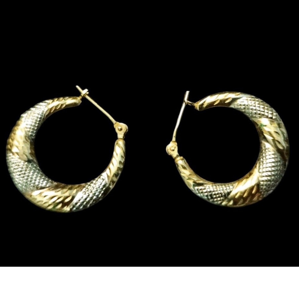 14K Two Tone Gold Diamond Etched Hoop Earrings 585 European Designer 1.4g